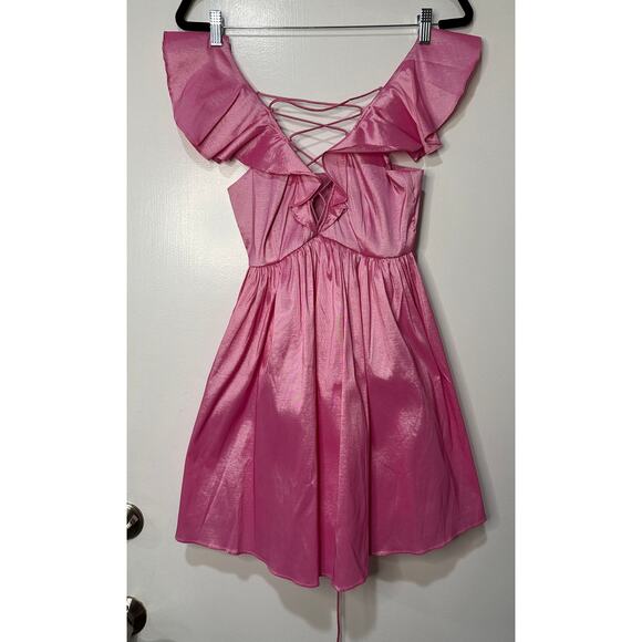 For Love & Lemons Lala Lace Up Mini Dress Pink Taffeta Small NWT Heart Detail - Picture 2 of 13